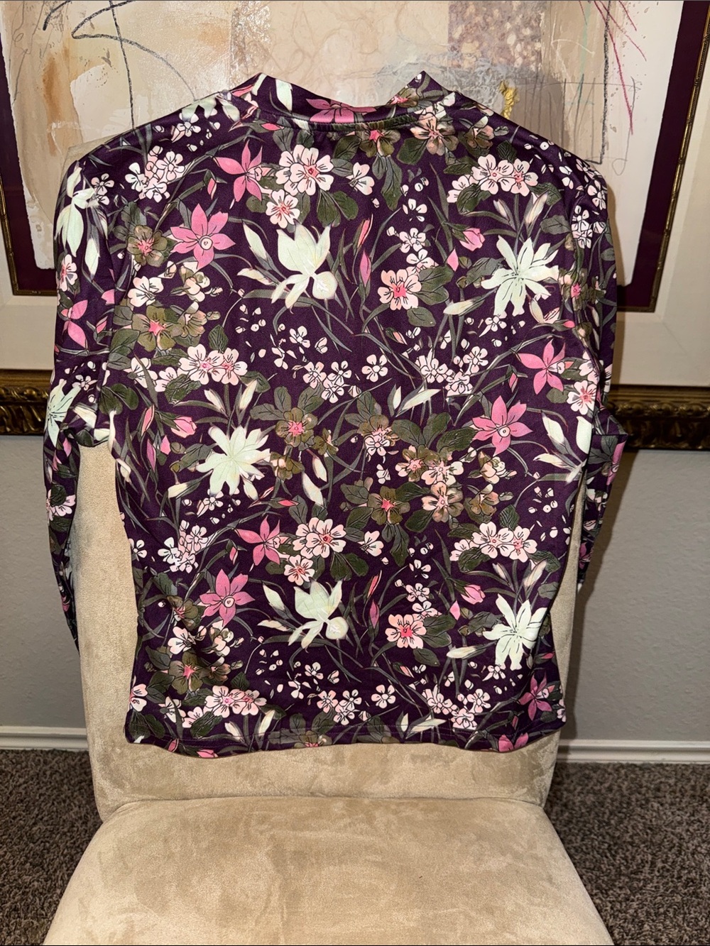 Cider Floral Long Sleeve Slim Fit Top in Plum with Pink & Cream Flowers - Picture 4 of 6